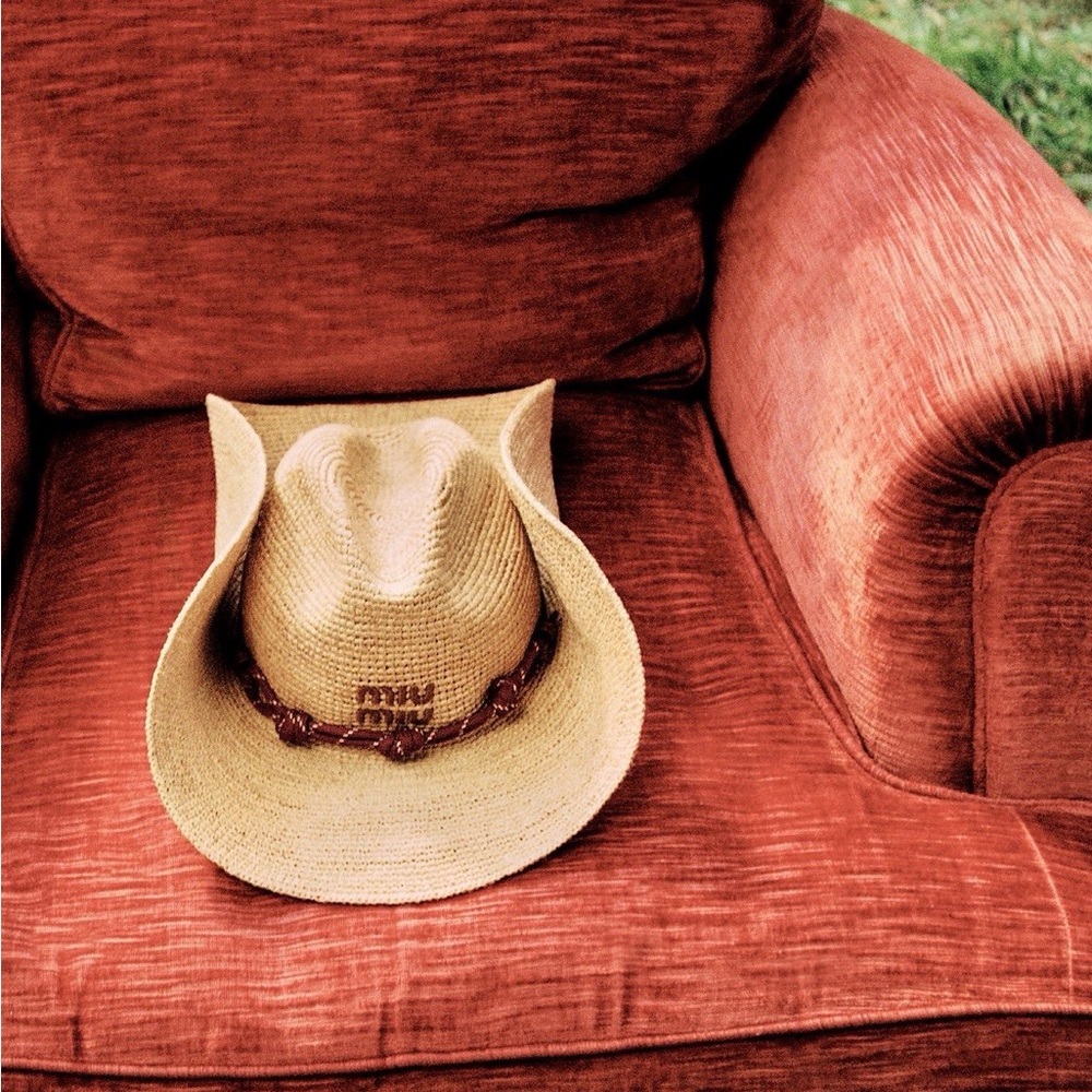 Miu Miu Tan Straw Western Hat with Brown Braided Band
